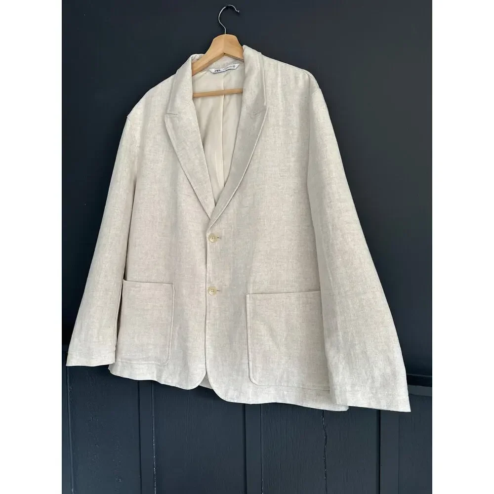 ZARA Linen Blend Sports Coat Blazer Jacket Ivory Cream Size Large